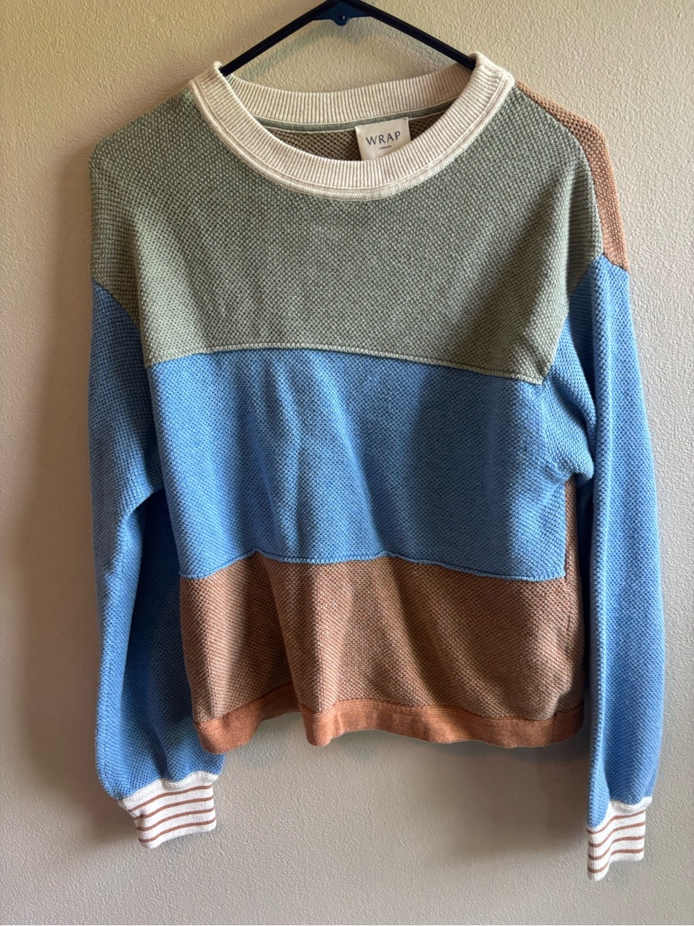 Wrap London Colorblock Crewneck Sweater in Blue, Green, Brown